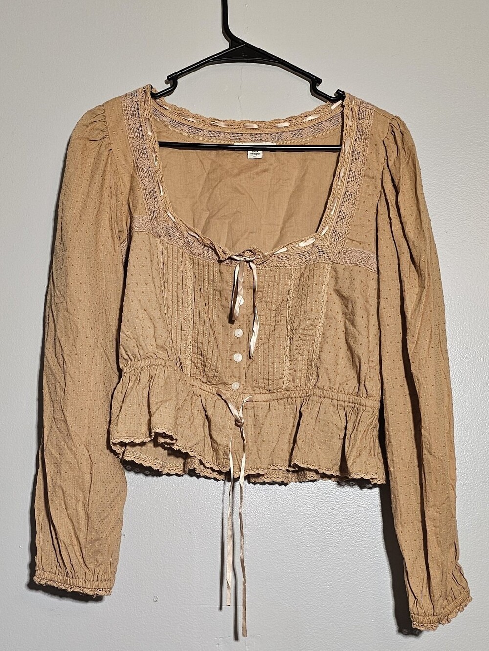 American Eagle Outfitters Tan Peasant-Style Blouse with Lace Trim